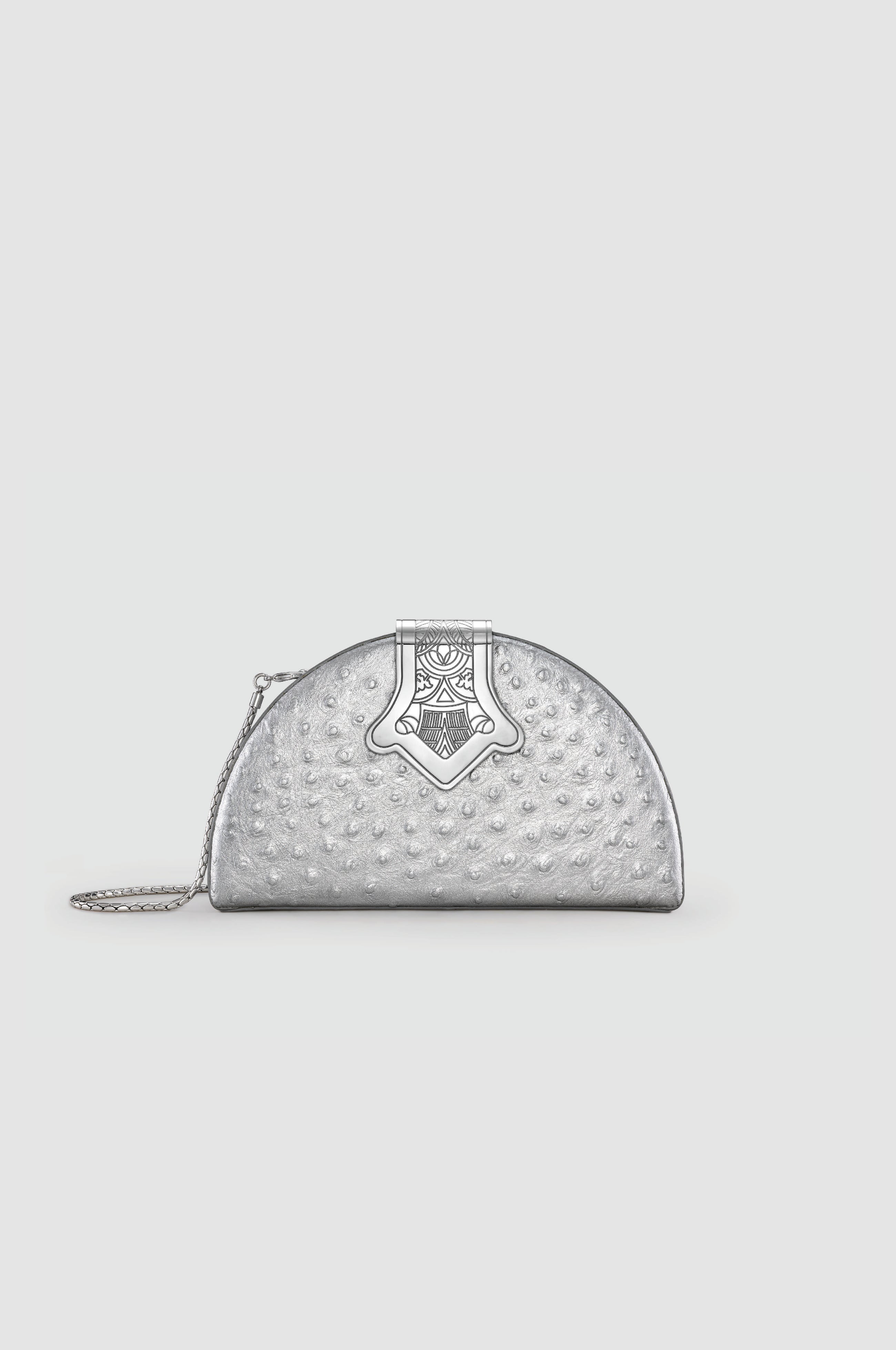 Okhtein Dome Clutch - Silver Ostrich - Designer Clutch Bag