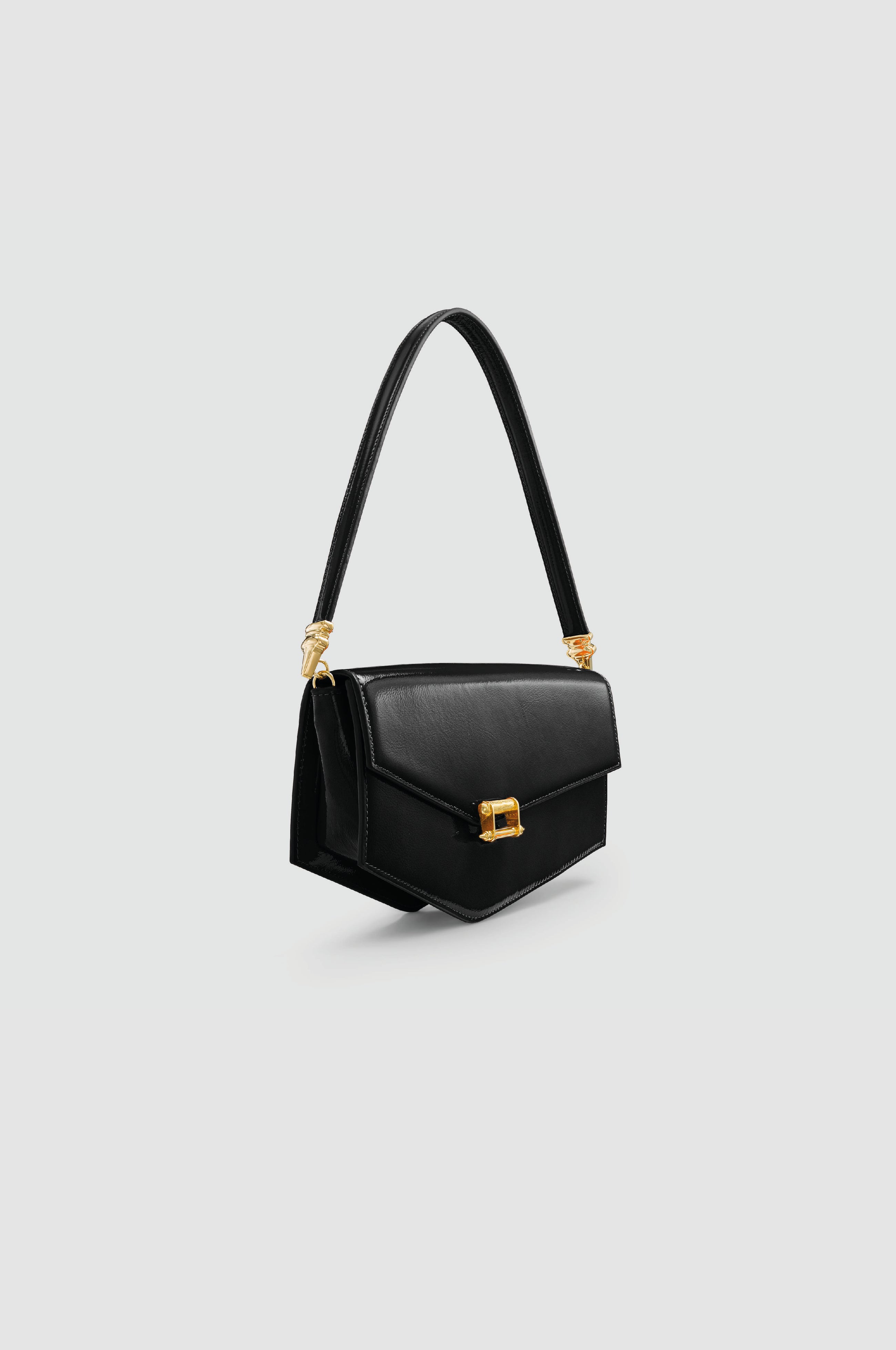 Okhtein Asymmetrical Baguette - Black Patent - Designer Handbag - Side