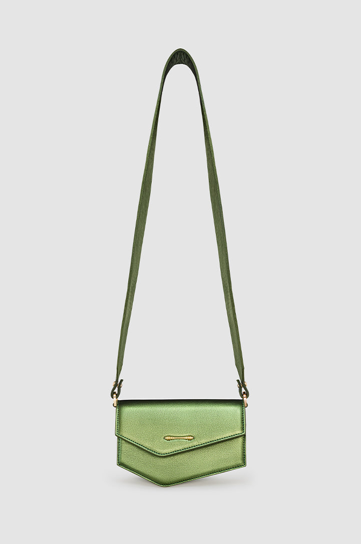 Okhtein Asymmetrical Pouch - Metallic Olive - Designer Cross Body Bag - Front