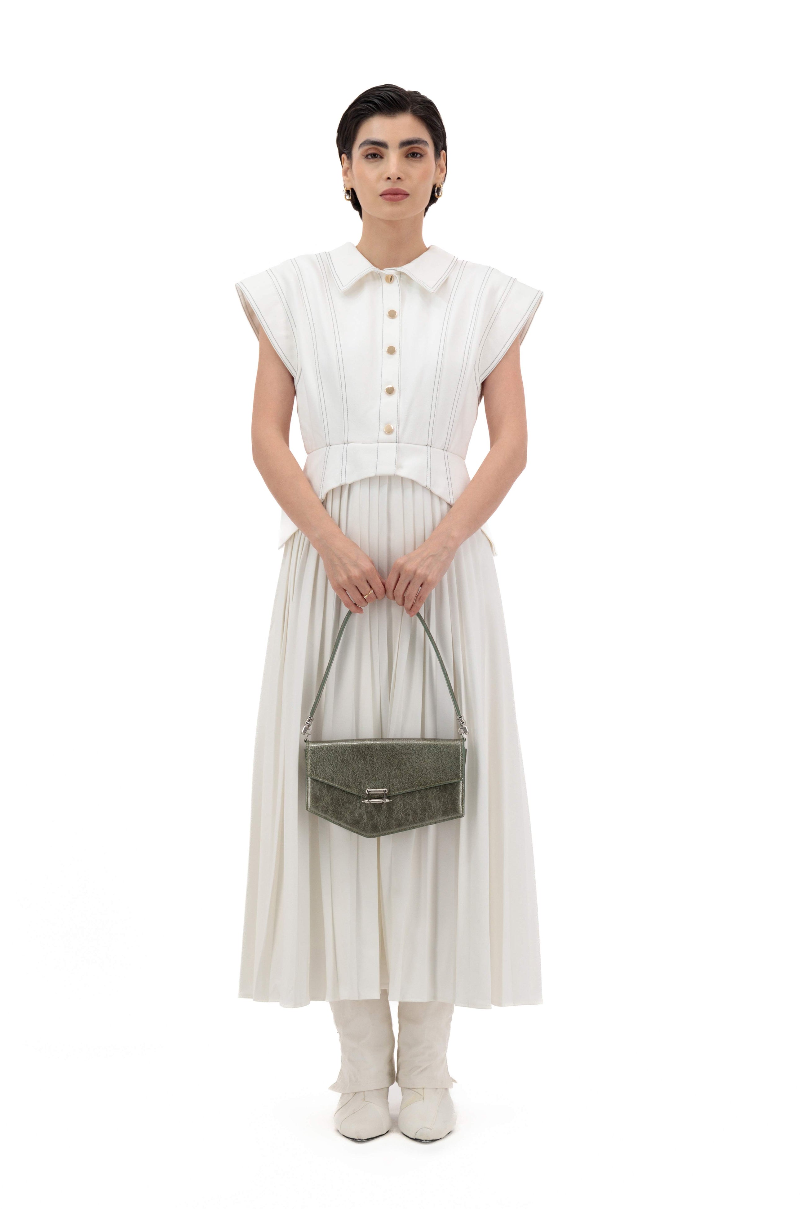 Okhtein Asymmetrical Baguette - Olive Silver Gel - Designer Handbag - Total Look