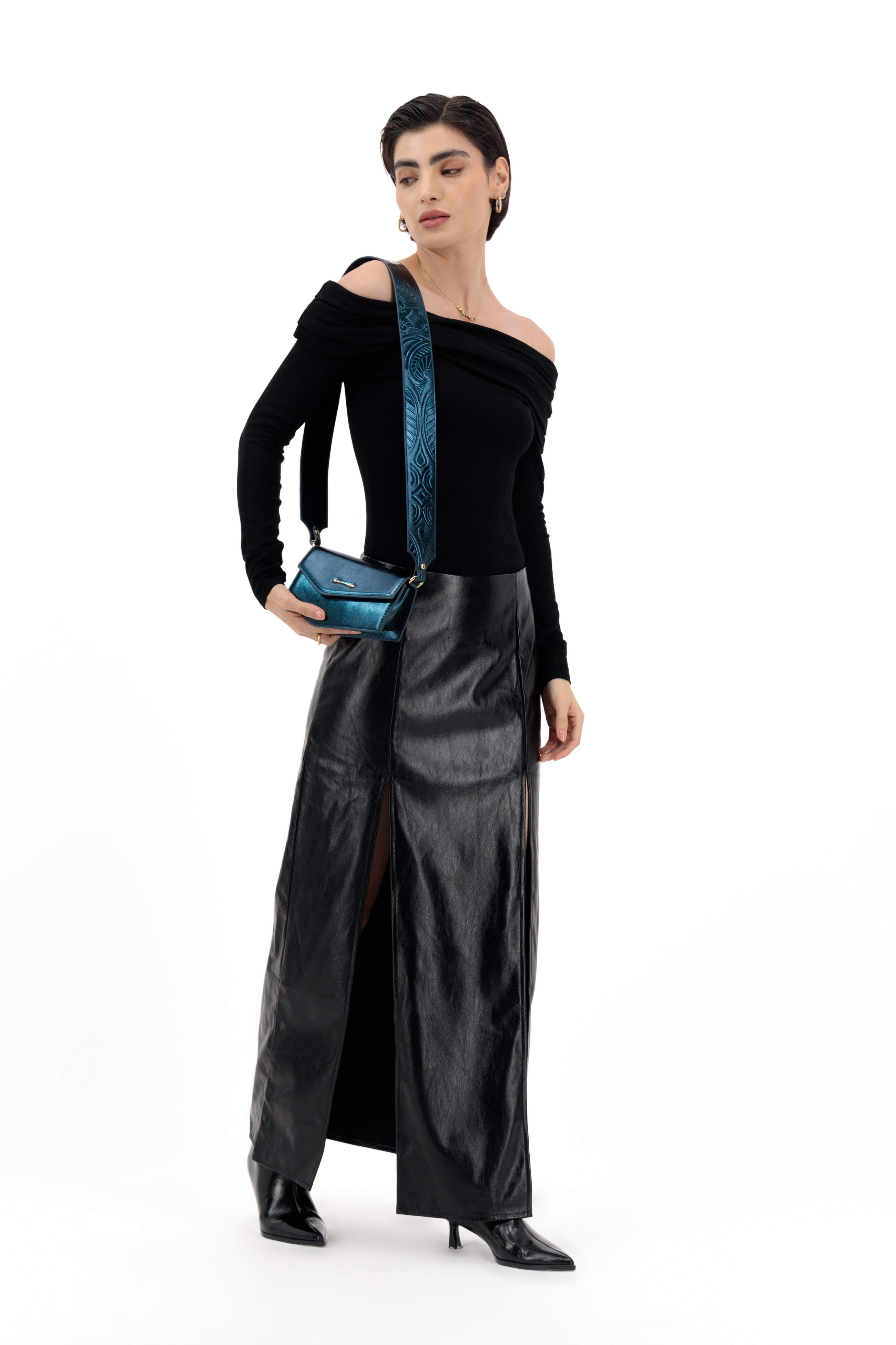 Okhtein Asymmetrical Pouch - Metallic Teal - Designer Cross Body Bag - Total Look