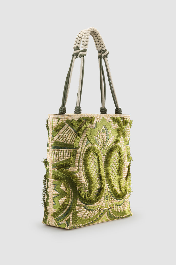 Okhtein Fatima Embroidered Tote - Khaki - Designer Shoulder Bag - Shoulder Bags 3