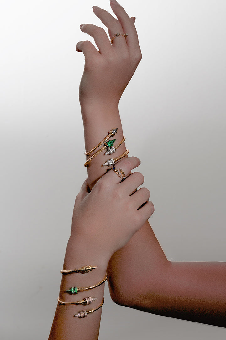 Okhtein Green Diamond Cone - 18k Gold and Emeralds - Designer Bangle - Bracelets 3