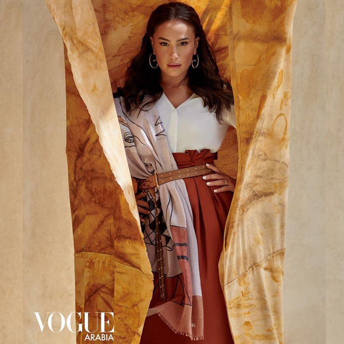 Hend Sabri wears Okhtein Studded Belt for Vogue