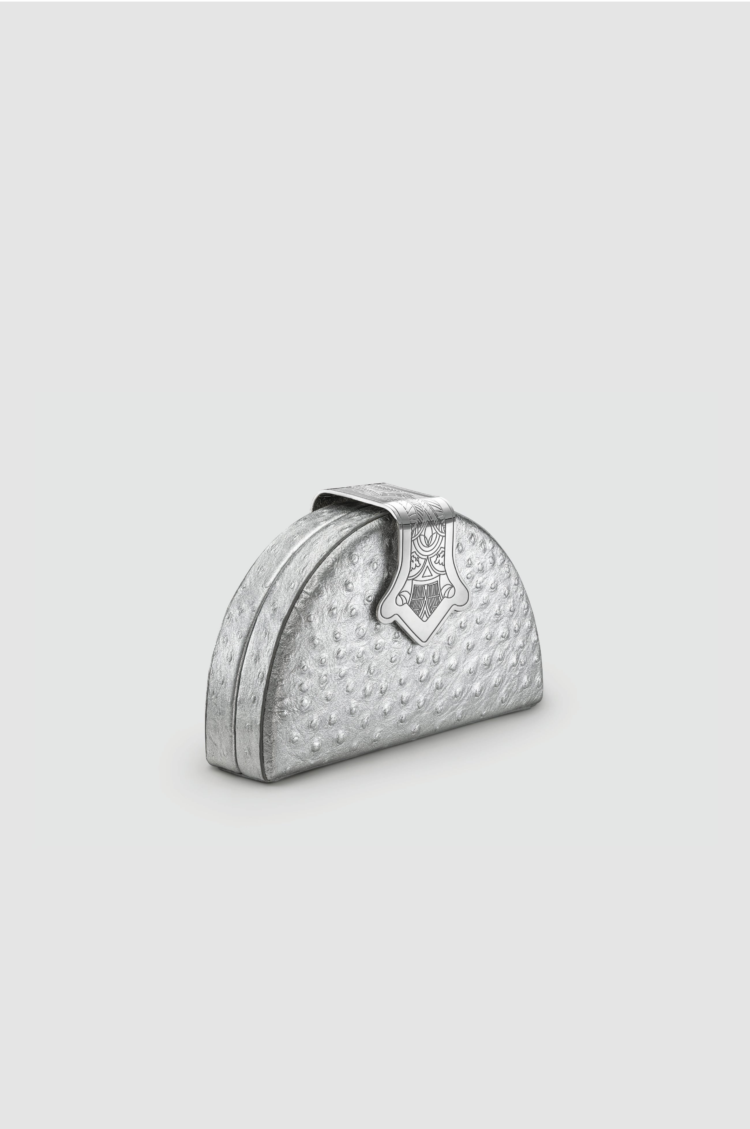 Okhtein Dome Clutch - Silver Ostrich - Designer Clutch Bag - Side