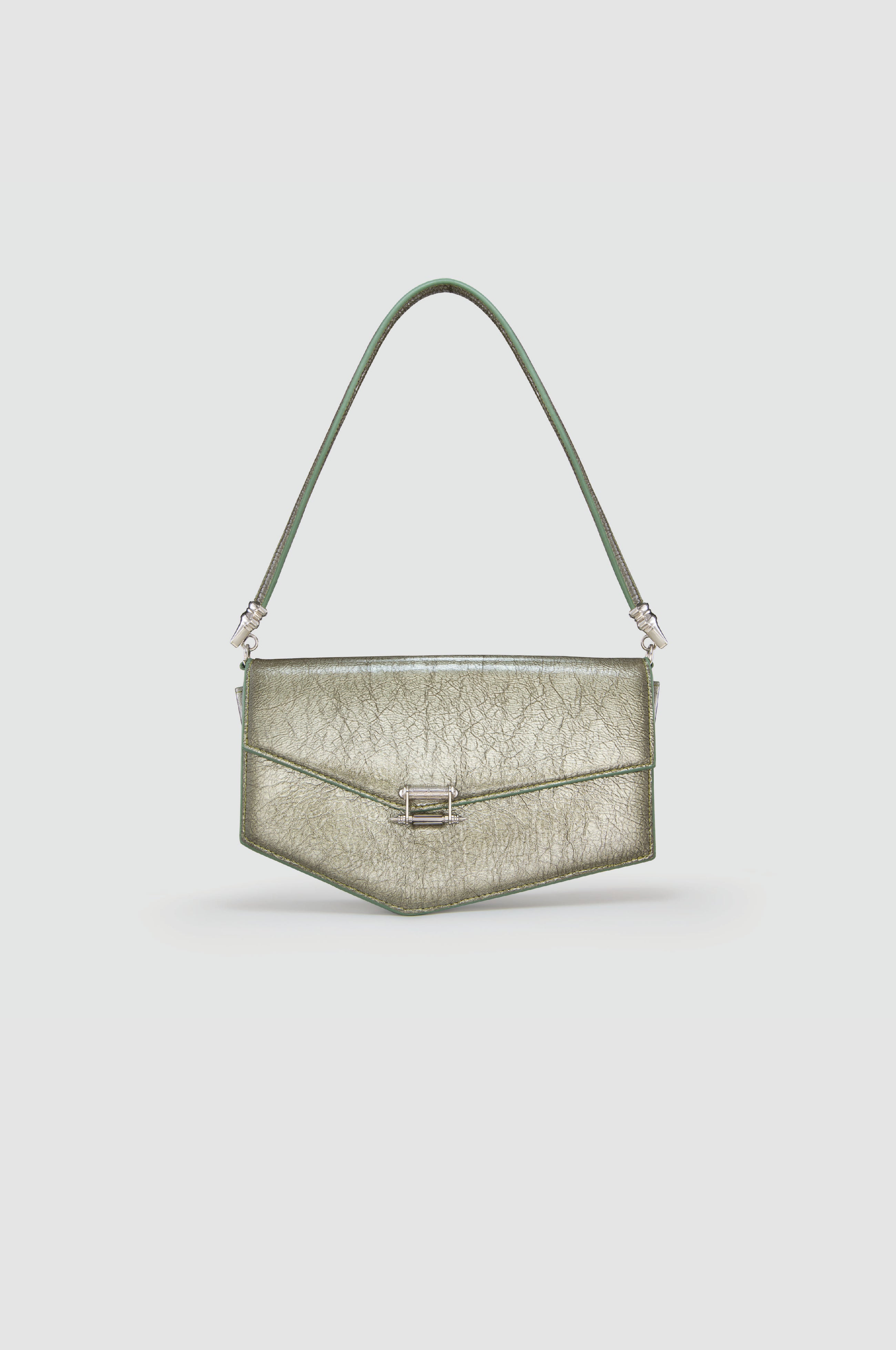 Okhtein Asymmetrical Baguette - Olive Silver Gel - Designer Handbag