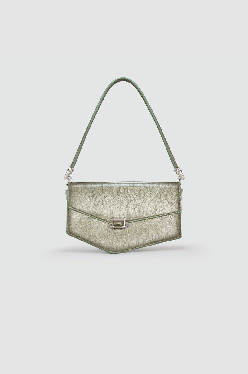 Okhtein Asymmetrical Baguette - Olive Silver Gel - Designer Handbag