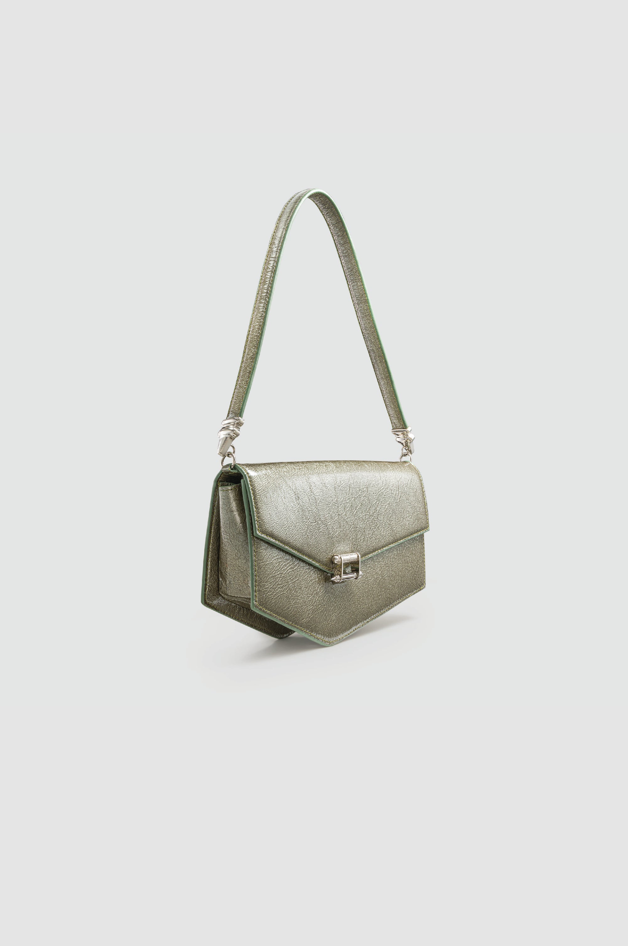 Okhtein Asymmetrical Baguette - Olive Silver Gel - Designer Handbag - Side