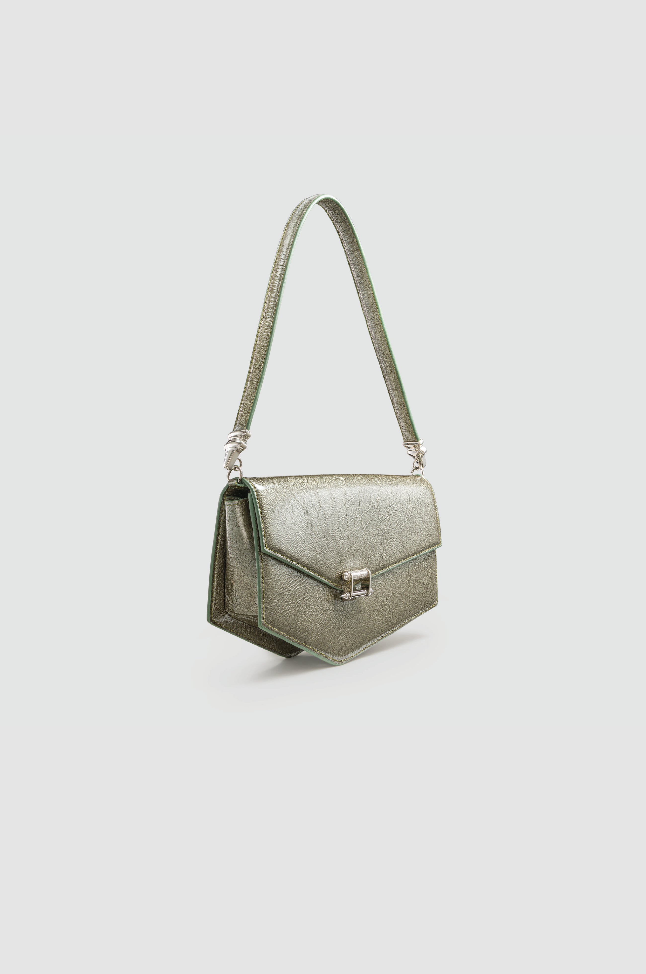 Okhtein Asymmetrical Baguette - Olive Silver Gel - Designer Handbag - Side