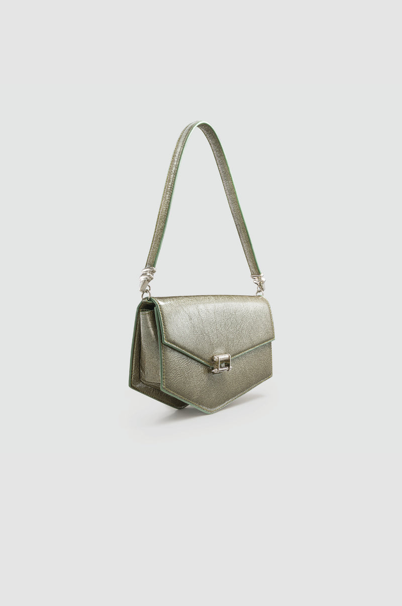Okhtein Asymmetrical Baguette - Olive Silver Gel - Designer Handbag - Side