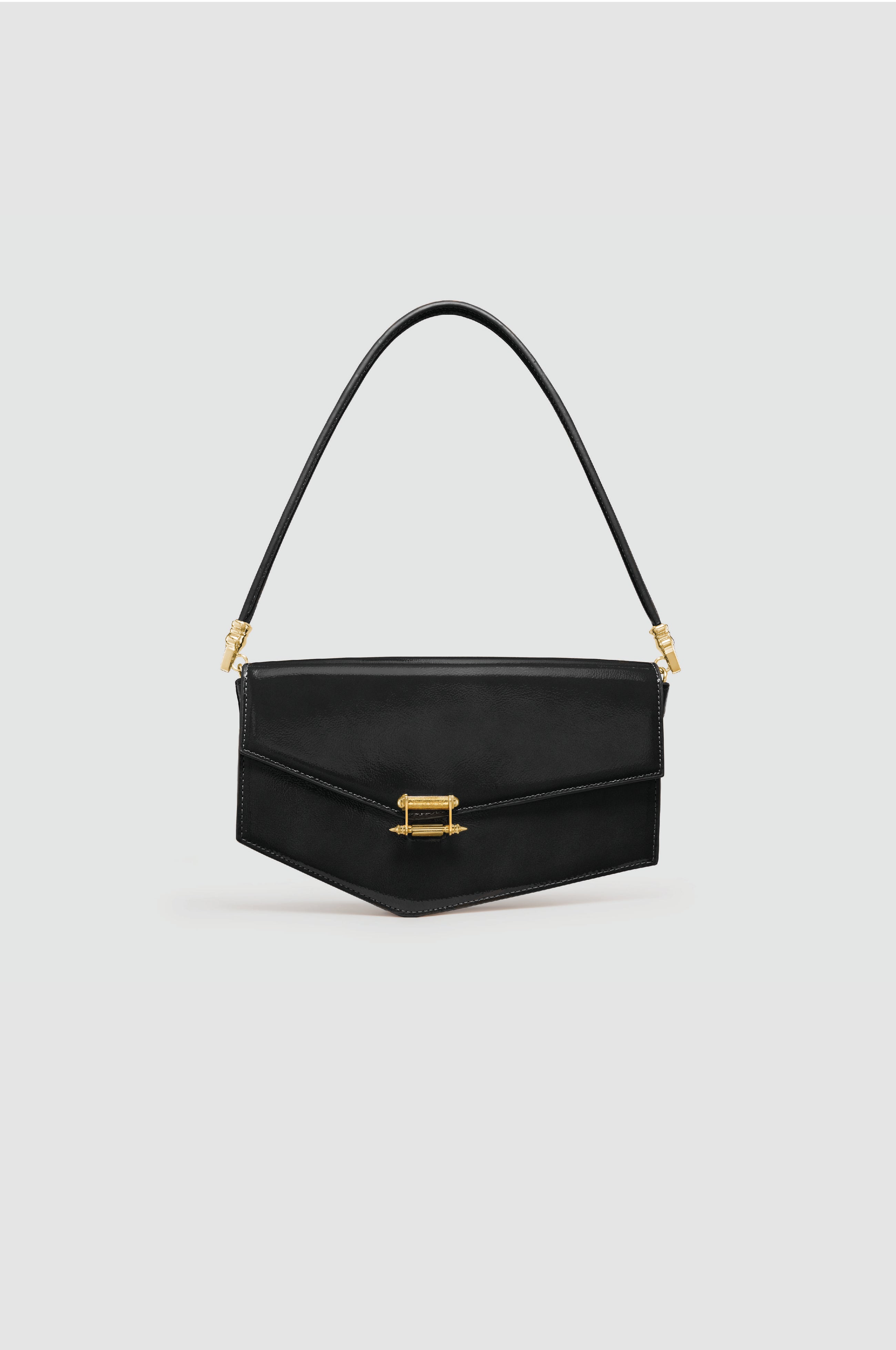 Okhtein Asymmetrical Baguette - Black Patent - Designer Handbag