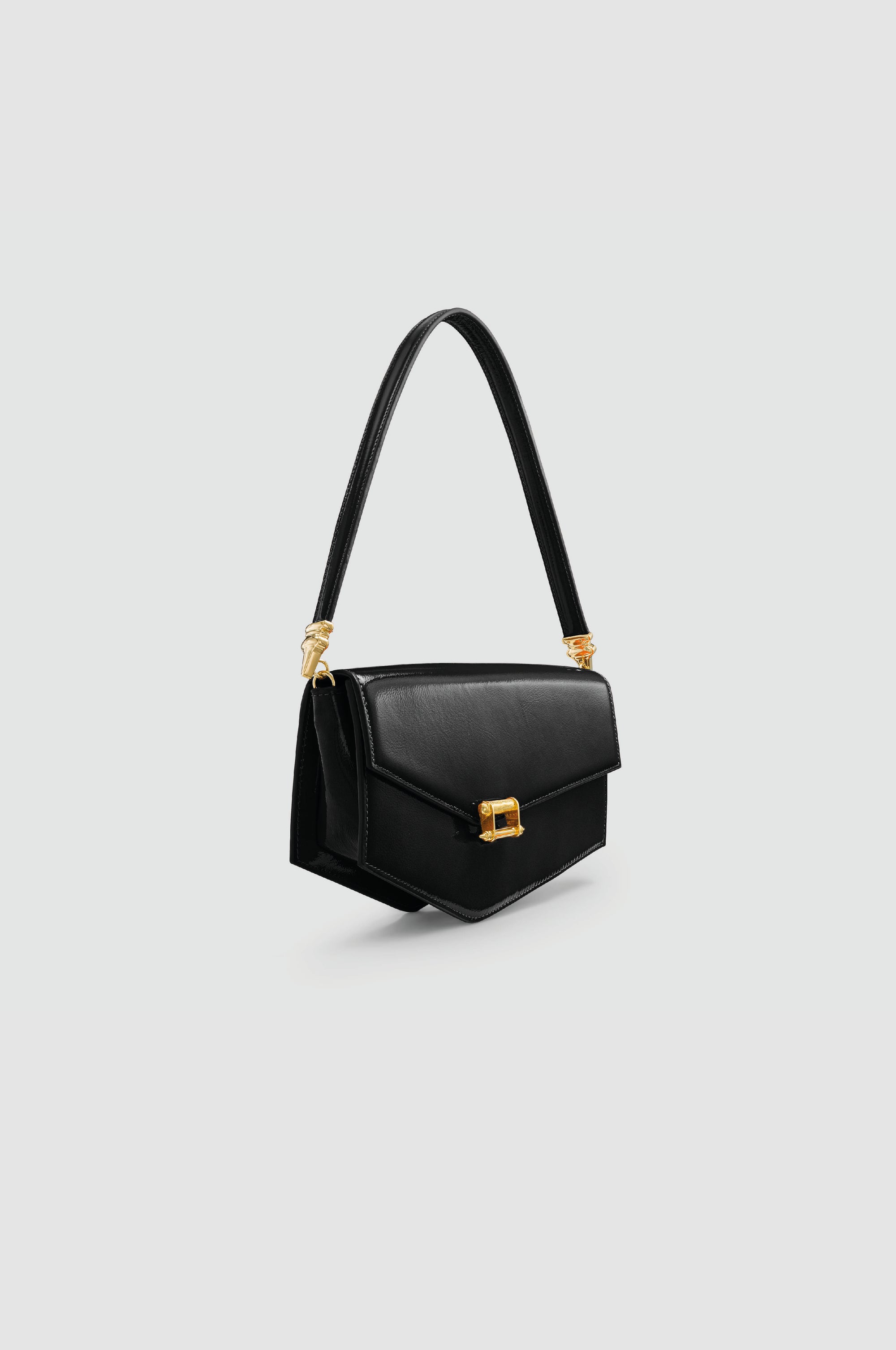 Okhtein Asymmetrical Baguette - Black Patent - Designer Handbag - Side