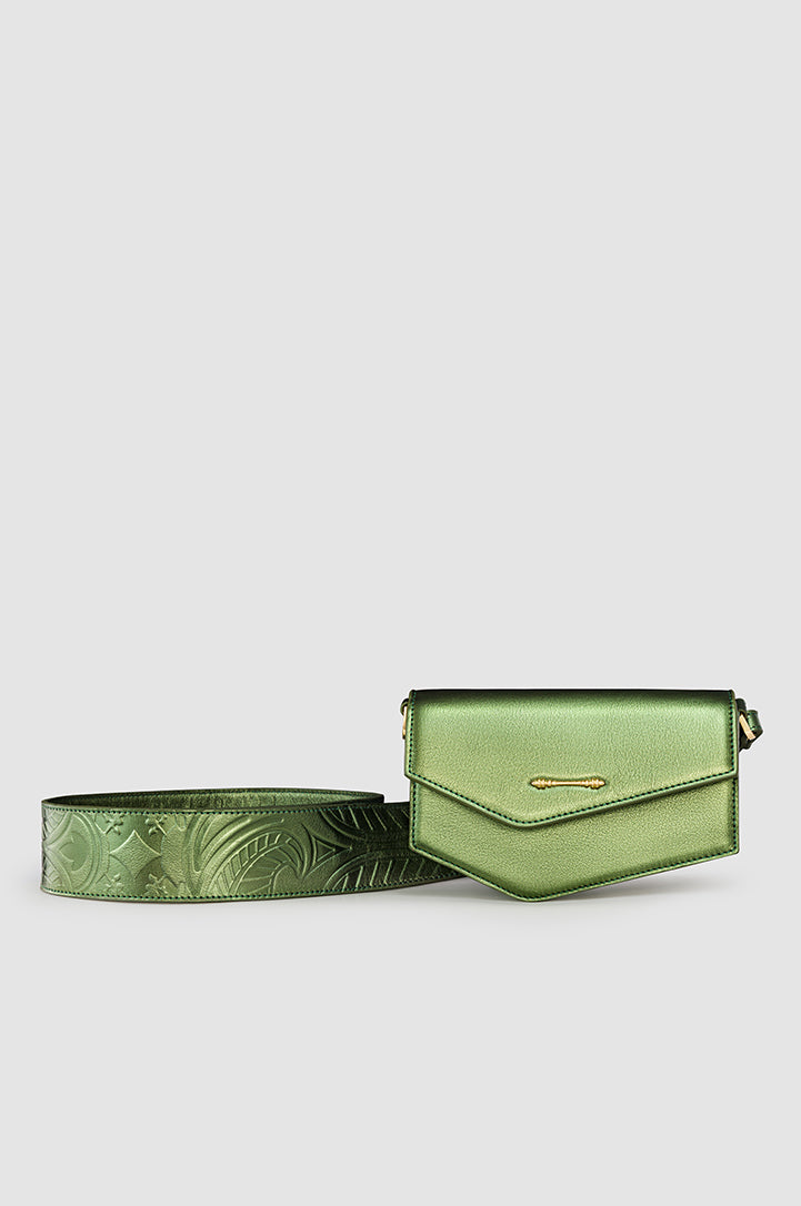 Okhtein Asymmetrical Pouch - Metallic Olive - Designer Cross Body Bag