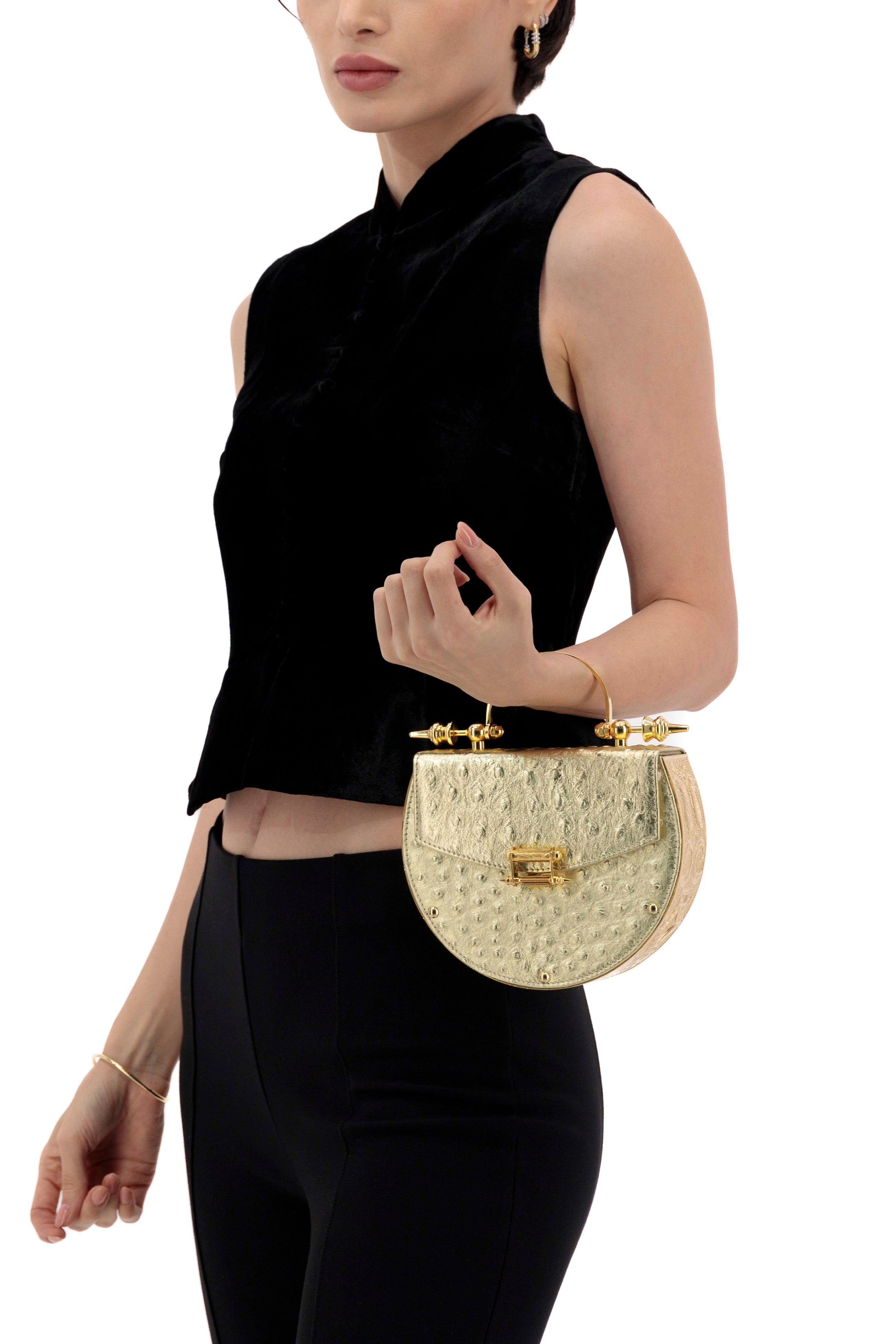 Okhtein Oak on Engraved Brass - Gold Ostrich - Designer Clutch - Handbags 3