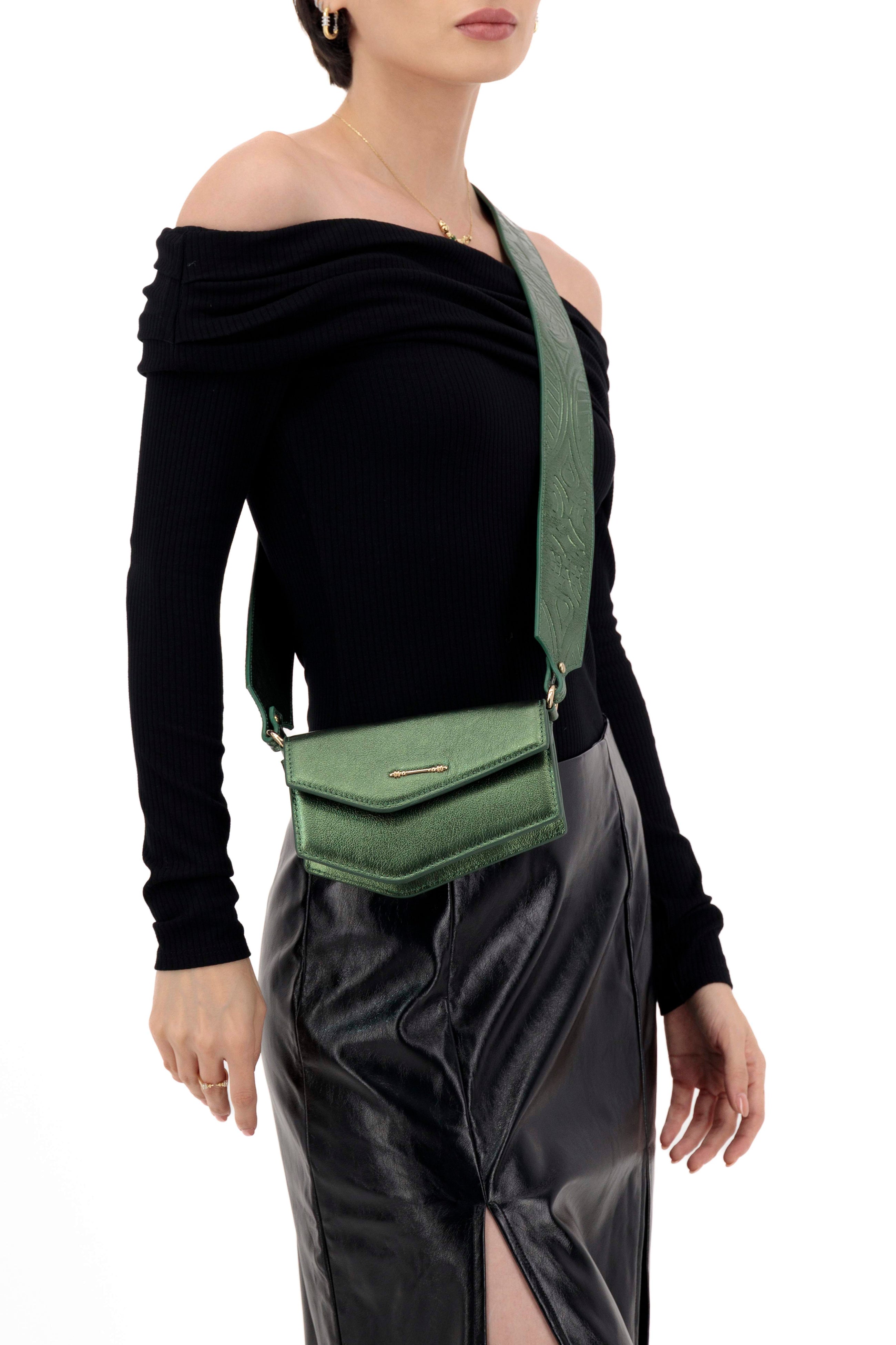Okhtein Asymmetrical Pouch - Metallic Olive - Designer Cross Body Bag - Total Look