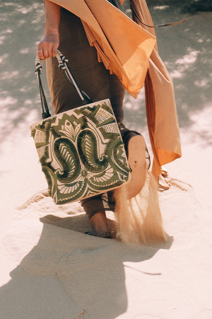 Okhtein Fatima Embroidered Tote - Khaki - Designer Shoulder Bag - Shoulder Bags 4