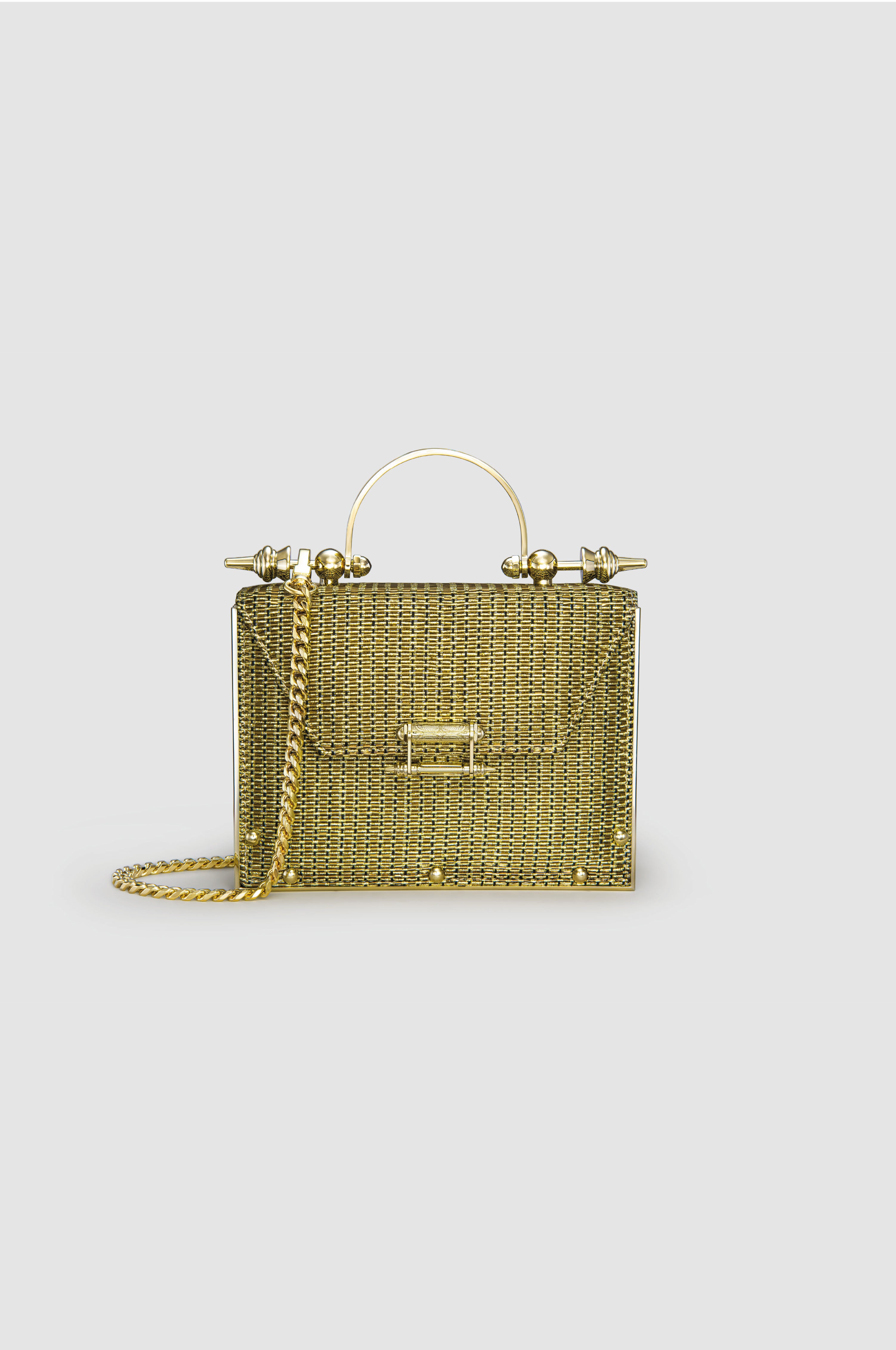 Okhtein Mahogany On Striped Brass - Gold & Black Raffia - Designer Handbag - Handbags 1