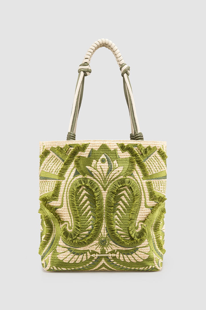 Okhtein Fatima Embroidered Tote - Khaki - Designer Shoulder Bag - Shoulder Bags 1