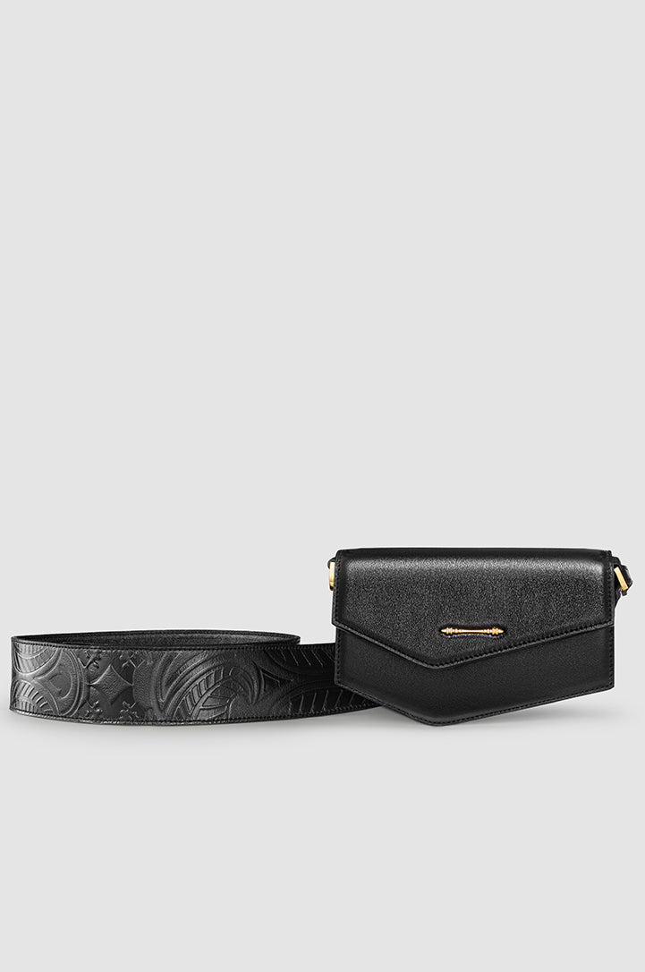 Okhtein Asymmetrical Pouch - Metallic Black - Designer Cross Body Bag