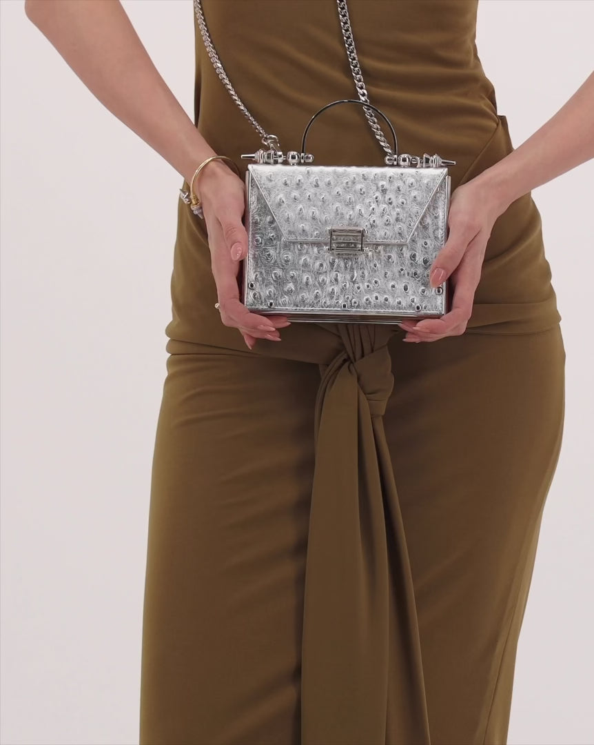 Okhtein Mahogany On Striped Brass - Silver Ostrich - Designer Handbag - Handbags 3