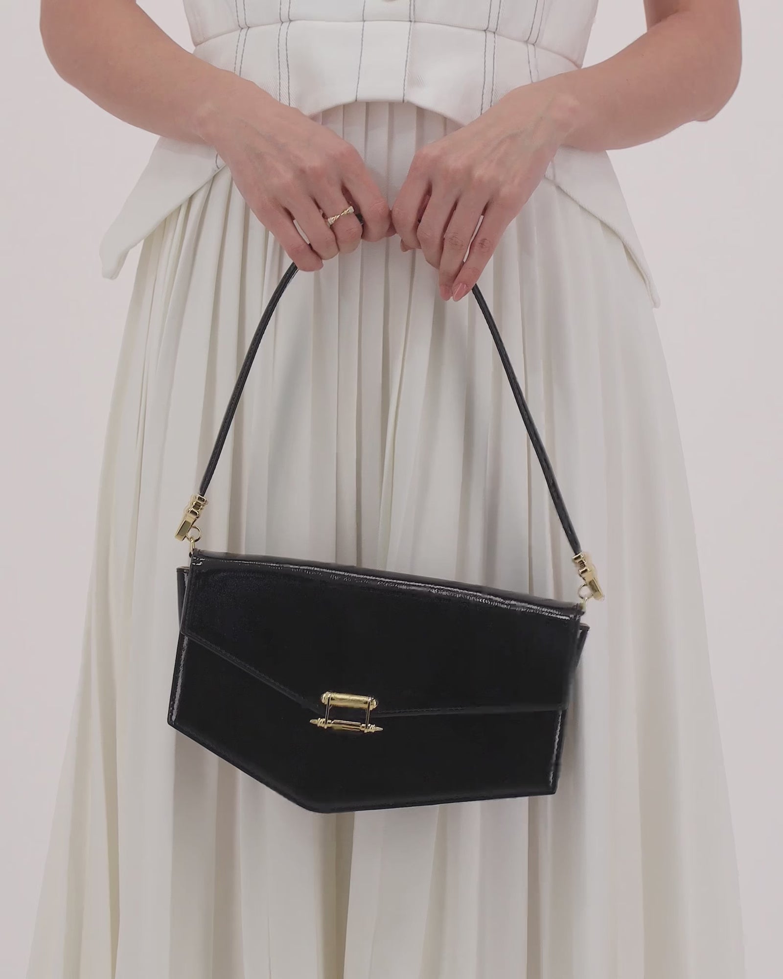 Okhtein Asymmetrical Baguette - Black Patent - Designer Handbag - Video