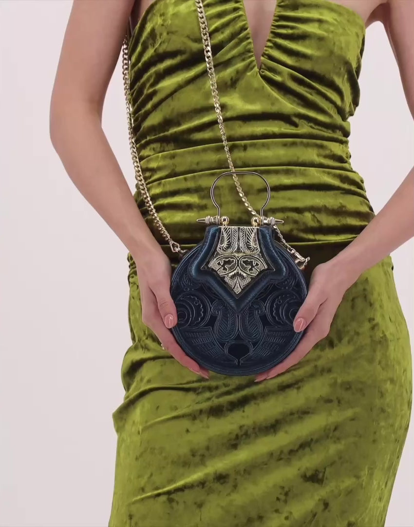 Okhtein Mini Dome Embossed - Metallic Teal - Designer Mini Handbag - Handbags 3