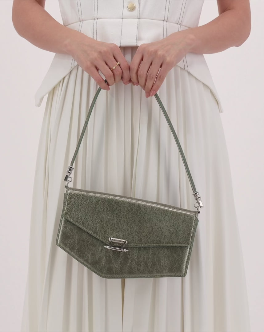 Okhtein Asymmetrical Baguette - Olive Silver Gel - Designer Handbag - Video