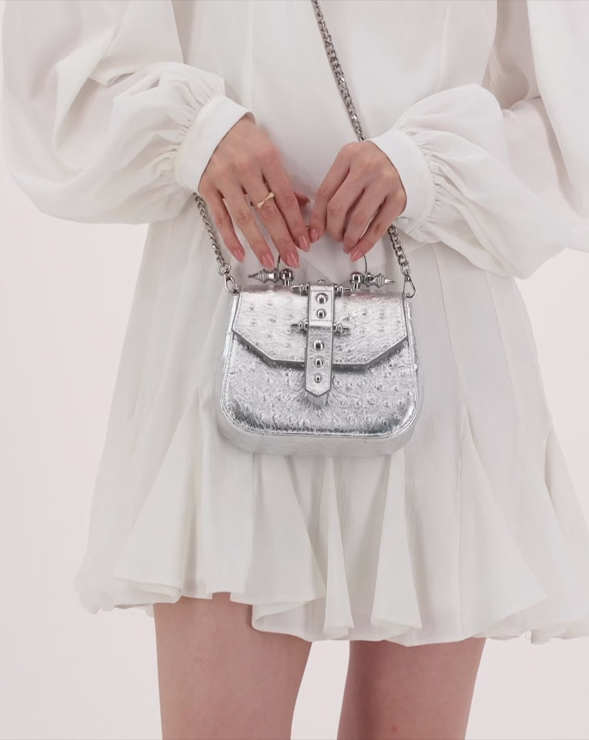 Okhtein Mini Studded - Silver Ostrich - Designer Mini Handbag - Handbags 3