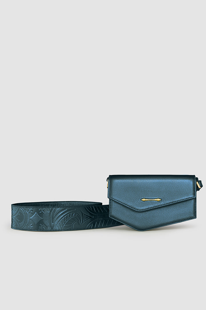 Okhtein Asymmetrical Pouch - Metallic Teal - Designer Cross Body Bag